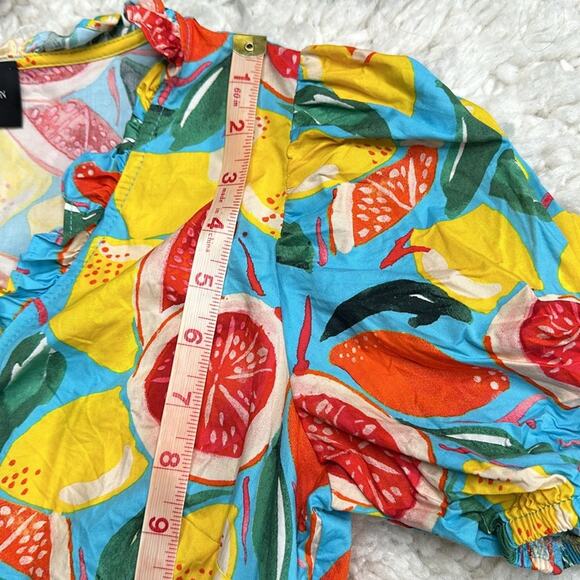 Donna Morgan Colorful Fruit Citrus Lemon Oranges Puff Sleeve MIDI Tier Dress R16 - Picture 10 of 11